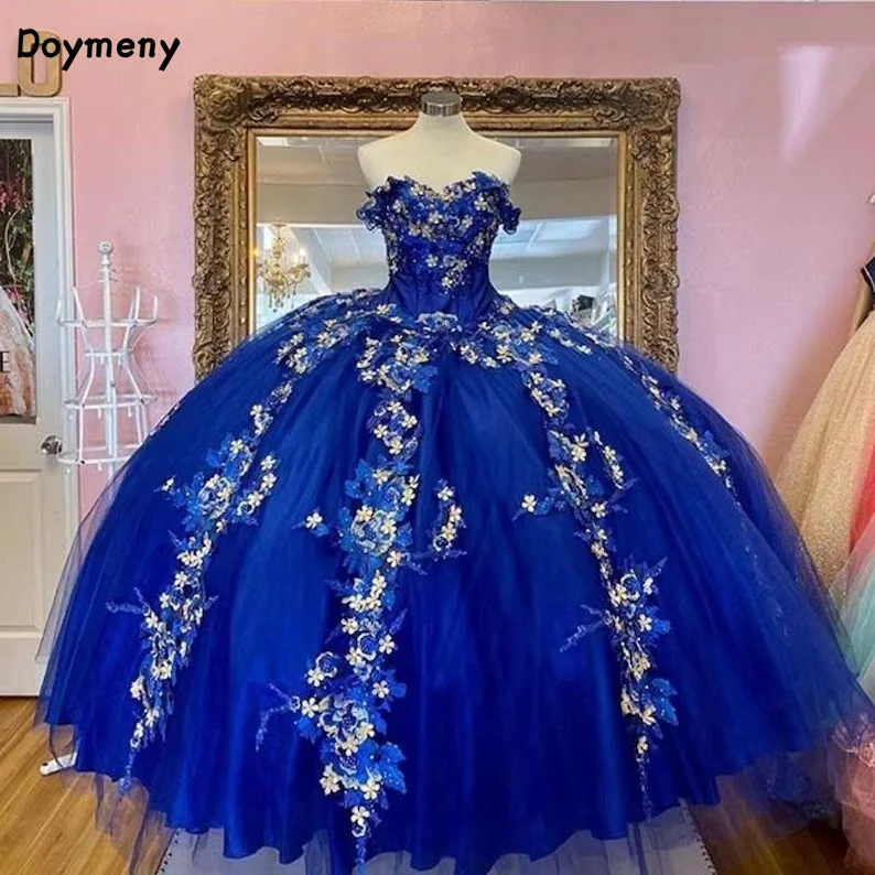 

Doymeny Off The Shoulder Quinceanera Dresses 3D Flowers Beaded Sweep Train Tulle Sweet 16 Dress vestidos de 15 quinceañera