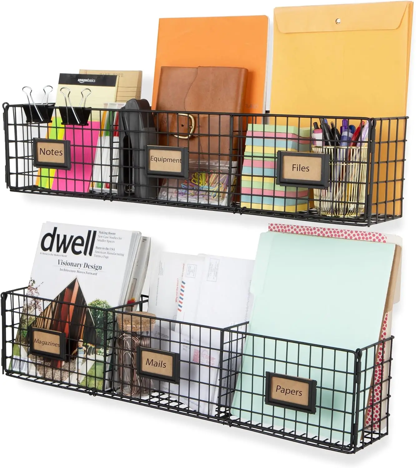 

Amalfi Hanging File Folders Office Desk Organizer Wall Mount Wire Basket Storage Magazine Holder 3 Sectional Set of 2 Bl
