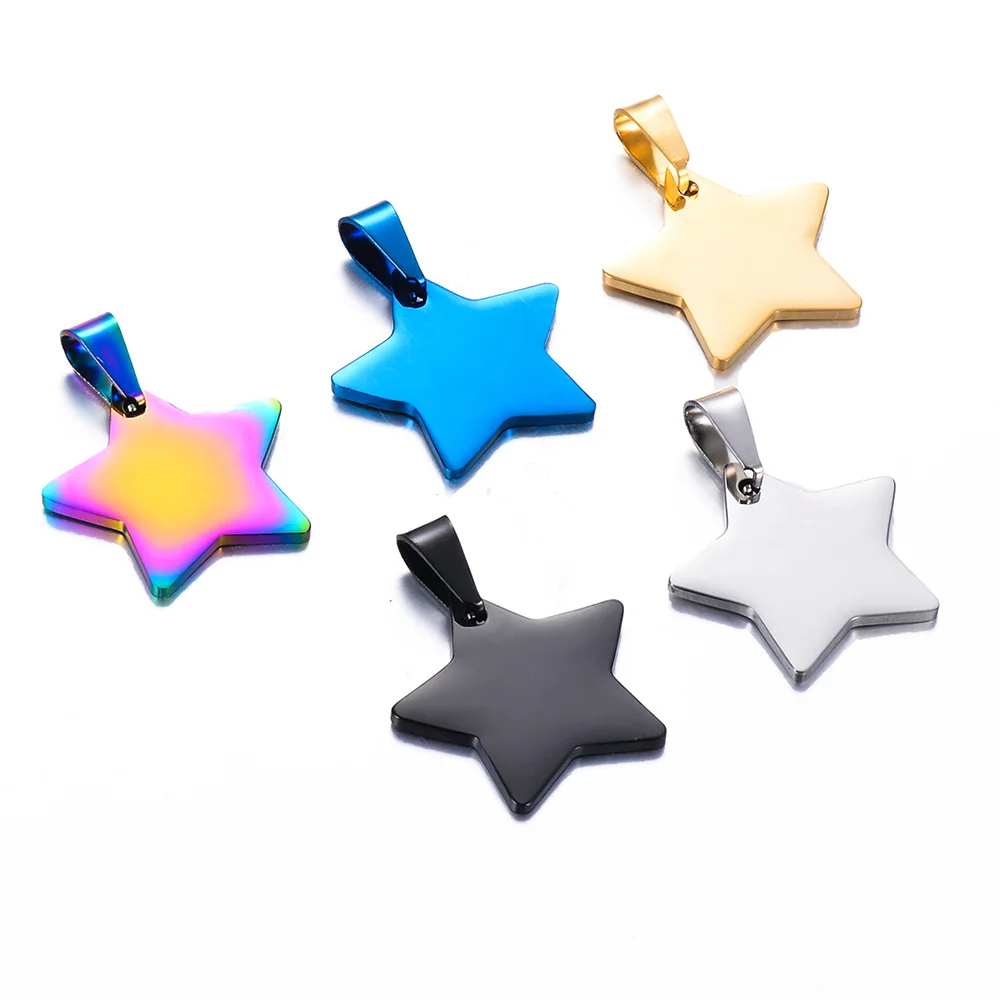 5PCS Wholesale 5 Colors Unisex Stainless Steel Star Stamping Blank Dog Tags Pendant Necklace Jewelry Findings 24x25mm