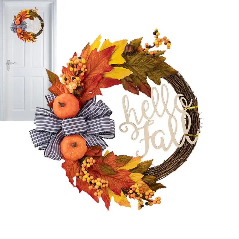 

Halloween Door Wreath Harvest Season Pumpkin Wreath Front Door Decor Simulation Pumpkin Wreath Maple Leaves Berries Autumn Sign