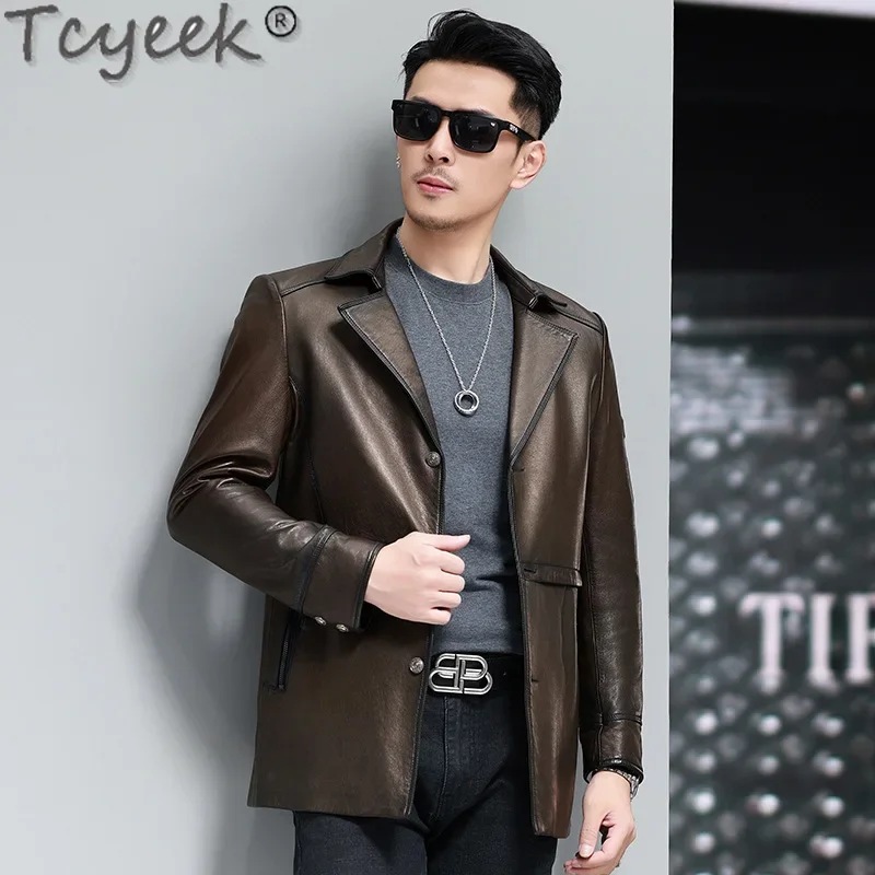 Tcyeek Real Genuine Leather Man Jackets Oil Wax 100% Sheepskin Leather Coat Spring Autumn Clothes Mid-length Suit Jacket Casual