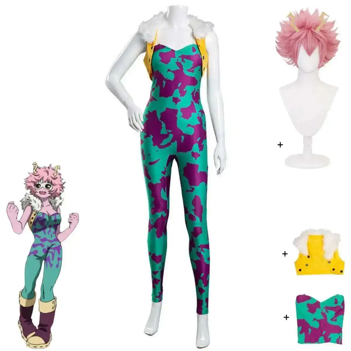 

Anime My Hero Academia Ashido Mina Cosplay Costume Pinky Green Jumpsuits Coat Wig Headwear Woman Sexy Carnival Party Suit