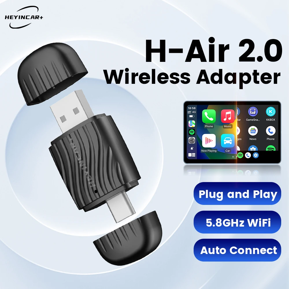 HEYINCAR 2 in 1 Interface Wireless CarPlay/Android Auto Wireless USB/TYPE-C Adapter Smart Mini Box Plug Fast Connect Universal