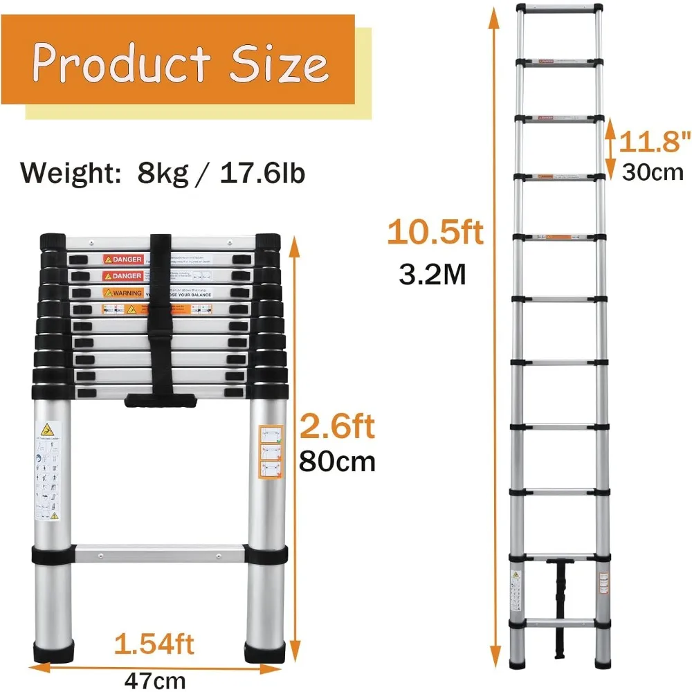سلم تمديد متعدد الأغراض من الألومنيوم بطول 10.5 قدم/3.2 م، معتمد من EN131، سعة تحميل 330 رطل، تصميم محمول قابل للطي #2