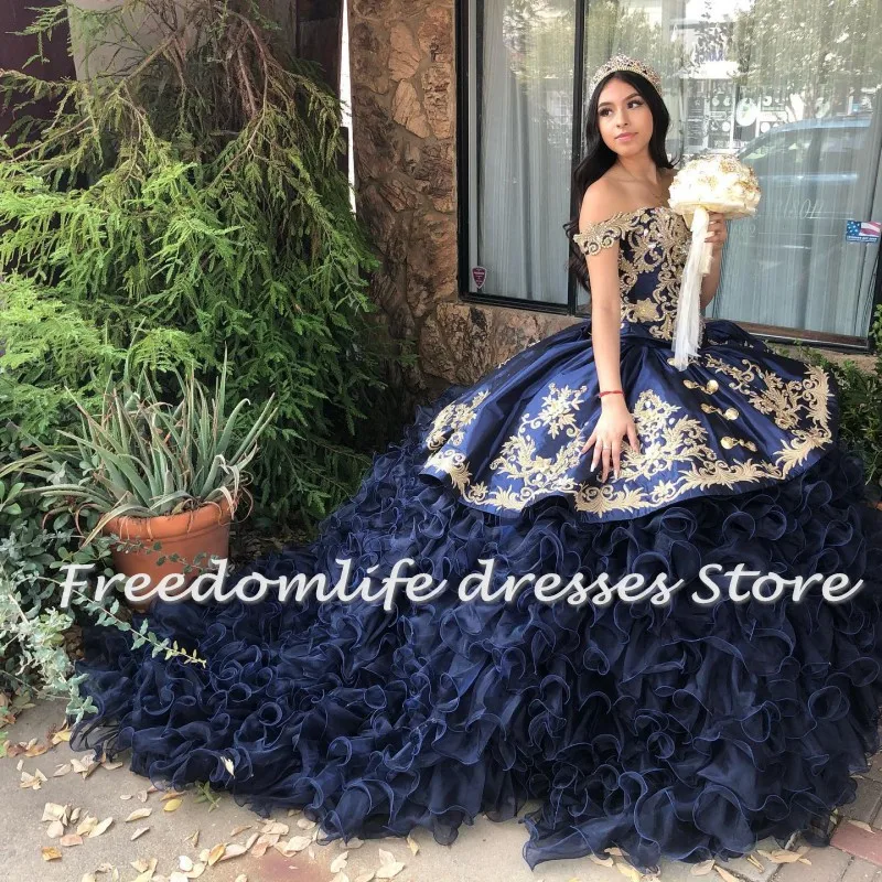 Charro Navy Blue Quinceanera Dresses 2024 Sweetheart Applique Beaded Sweet 16 Princess vestidos de XV años Ruffles Pageant Dress