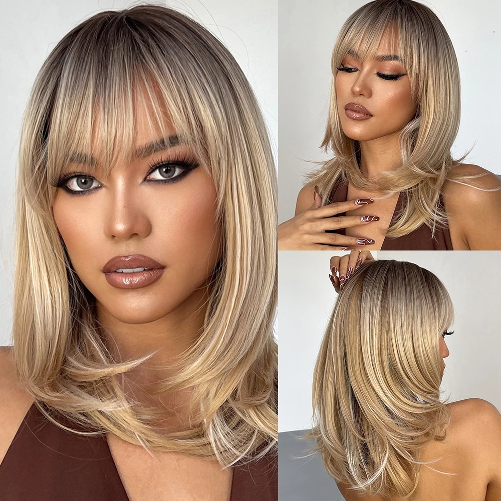 EASIHAIR Synthetic Wigs for Women Ombre Brown Blonde Wigs with Bangs Layered Cosplay Wigs Heat Resistant Medium Length Wig