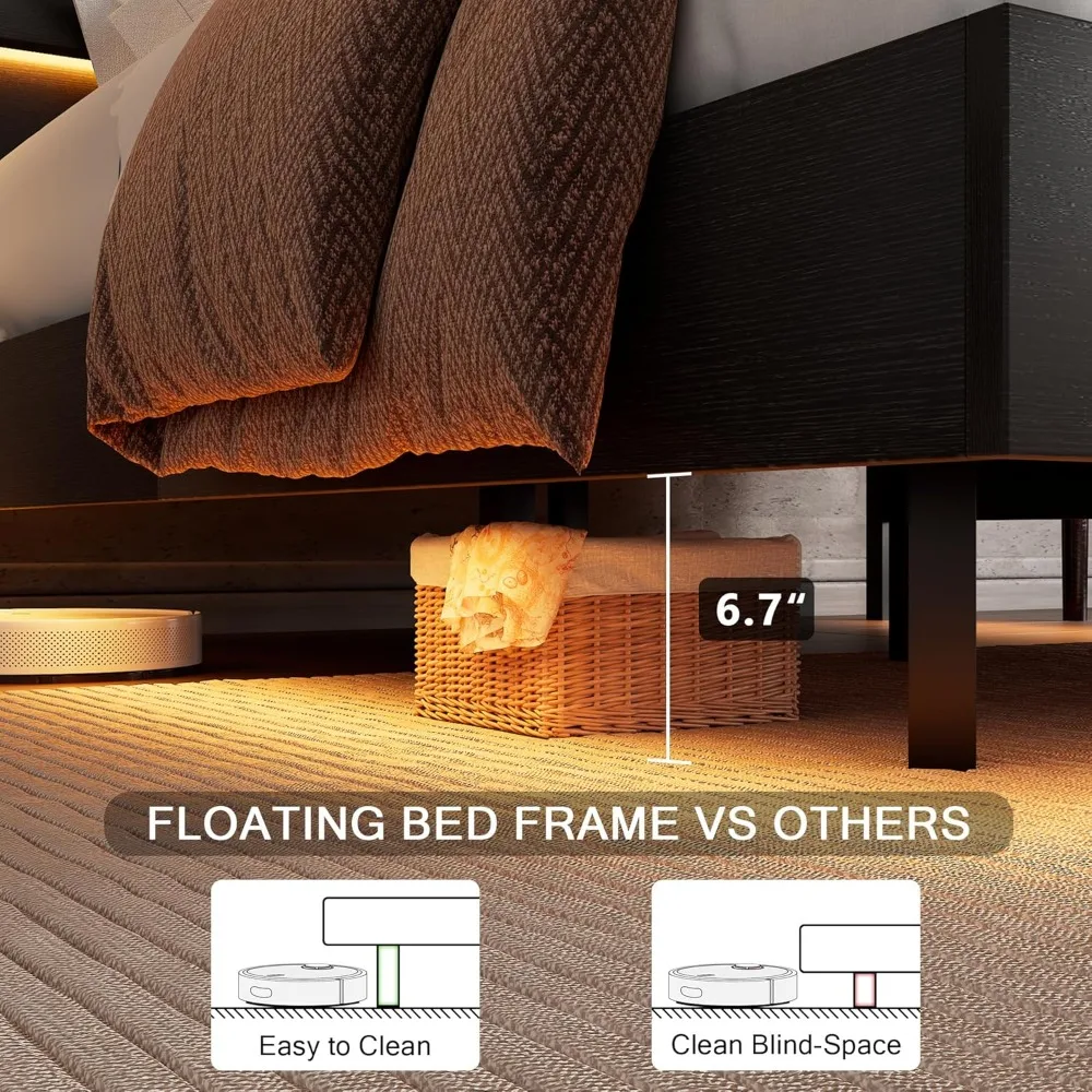 Floating Bed Frame Full Size with Led Headboard and Charging Station, Metal Platform Bed Base with Storage, Remote Control
