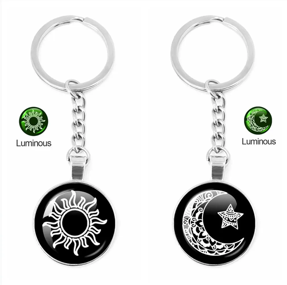 1pcs Luminous Sun Moon Mountain Rivers Patterns Glass Cabochon Women Men Matching Couple Keychain Valentine's Day Jewelry Gift