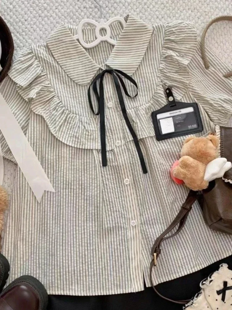 

2 Piece Sets Womens Outfits Preppy Y2k Chic Summer Skirt Suit Short Sleeve Vintage Striped Blouses High Waist A-line Skirt Set
