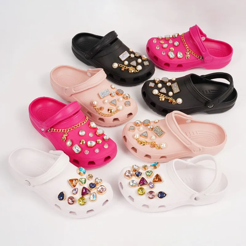 Dijes de lujo para zapatos con diamantes de imitación, cadena de Metal, adornos para zapatos, hebilla, perlas, flor, accesorios, novedad
