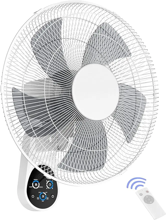 Ventilador de parede com controle remoto, sala de sol de vidro, parede, quarto, cozinha, ginásio, ioga, pilates, estúdio, 5 lâminas, 16 cm