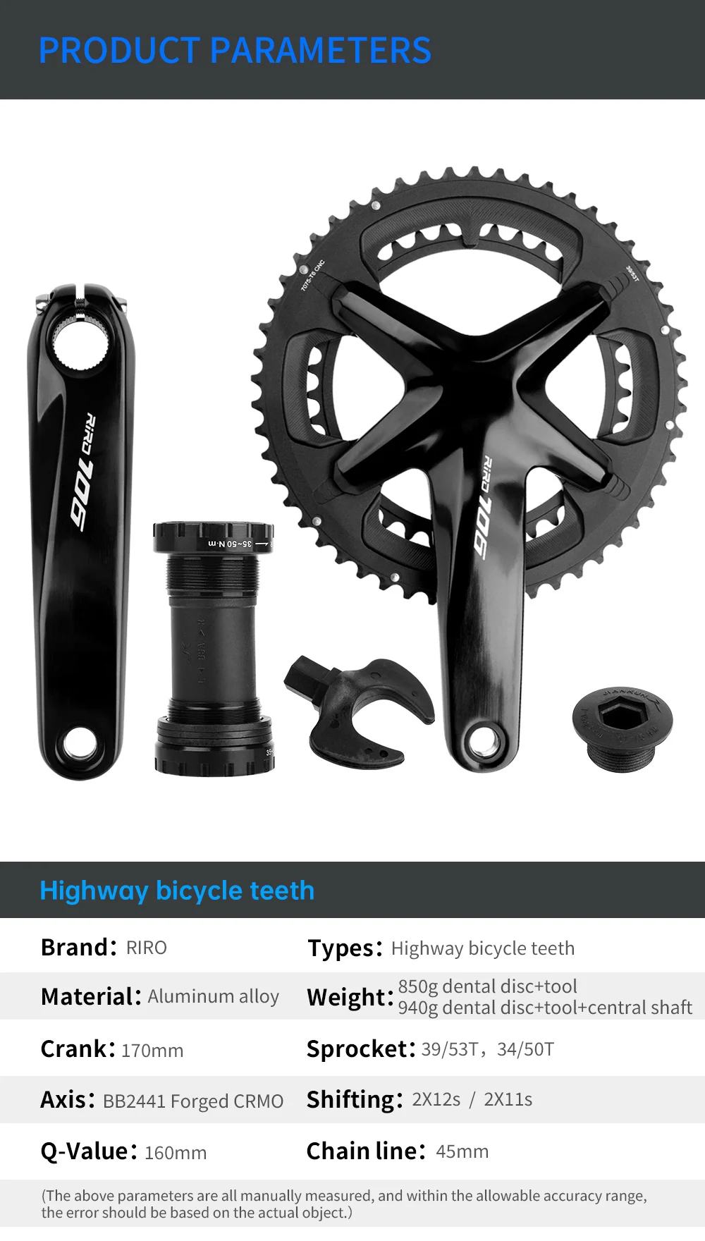 RIRO 106 Rennrad Integrierte Kurbelgarnitur 170 mm 110BCD 50-34T/53-39T Doppelkettenblätter Kettenräder Hohles Rennrad Kettenblatt – Detail 7