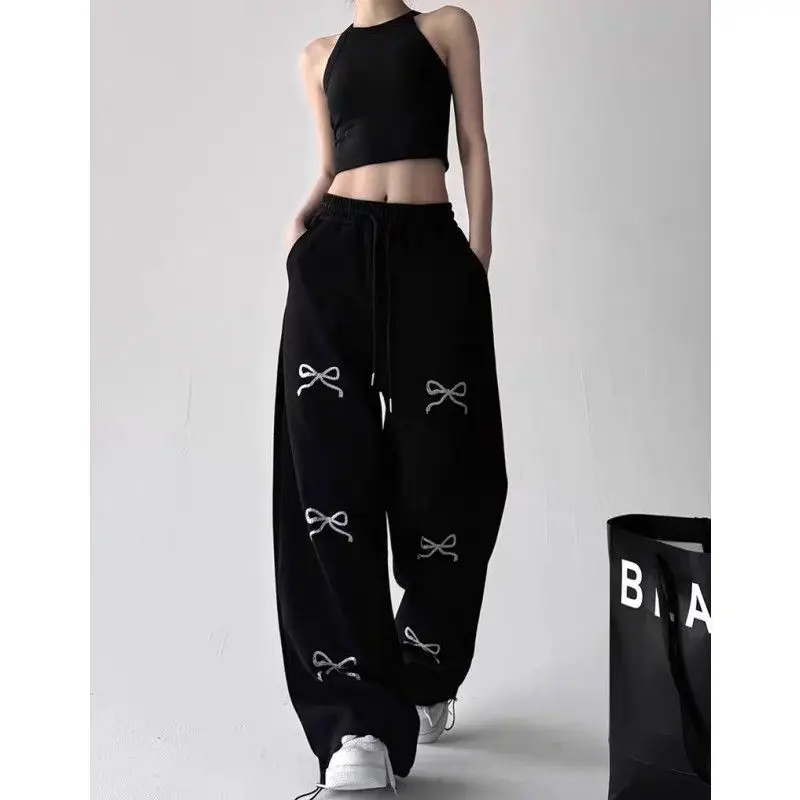الرجعية عالية الخصر Sweatpants غير رسمية ربطة القوس فيونكة طباعة واسعة الساق السراويل الإناث الرباط السراويل Widcasual الهيب هوب الرقص الشارع الشهير