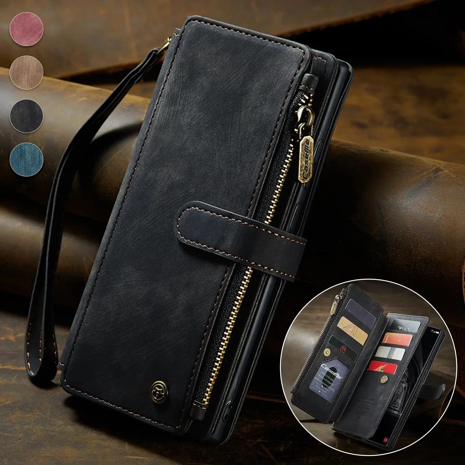 Reißverschluss-Leder-Flip-Handyhülle für Google Pixel 11 10 9 Pro XL 9A 8 8A 7A 5G Pixel10 Brieftaschen-Hülle mit Lanyard und Kartenfach Etui