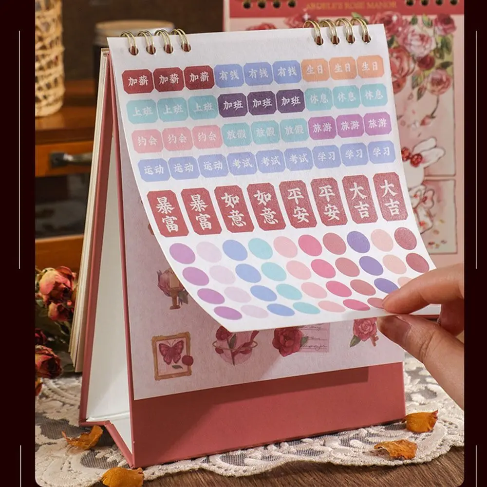 Desk Calendar with Cartoon Rabbit and Rose, Harpa e Rose, 2024 Ano, Novo