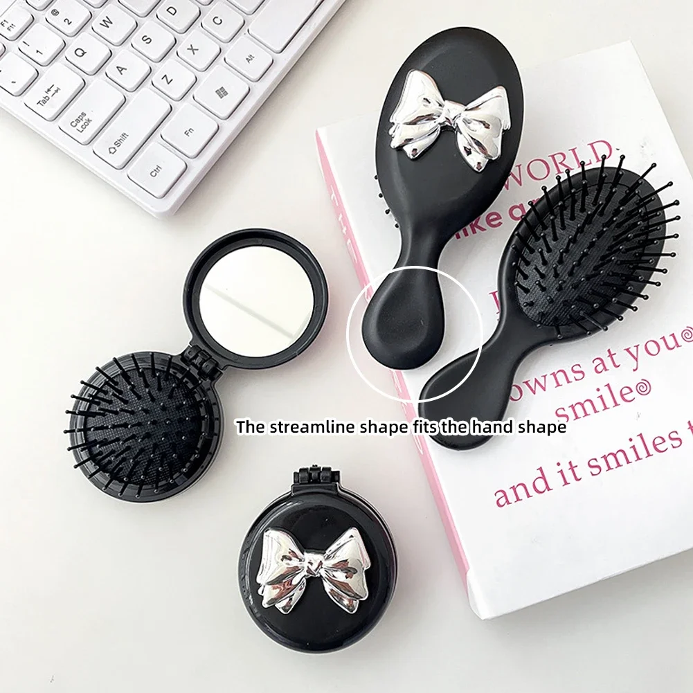 مشط تدليك لطيف قابل للطي مع مرآة مكياج للسفر وسادة هوائية بلاستيكية محمولة ومشط صغير وفرشاة شعر وربطة عنق ومشط وسادة هوائية