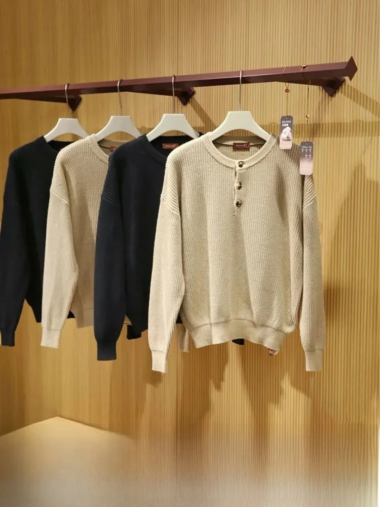 

New Luxury Cotton Knitwear Heavyweight Men's Autumn Winter Soft Breathable Waed Henry Collar Sweater Casual Sle Long Sve