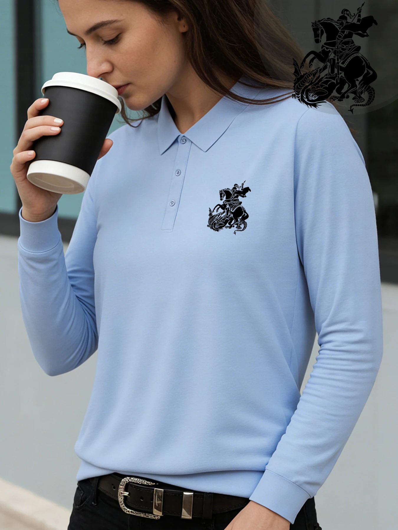 Damen-T-Shirt, langärmeliges Poloshirt, Ritterpferd und Drachen-Aufdruck, bequeme Freizeitkleidung für den täglichen Ausflüge, Büro-Matching