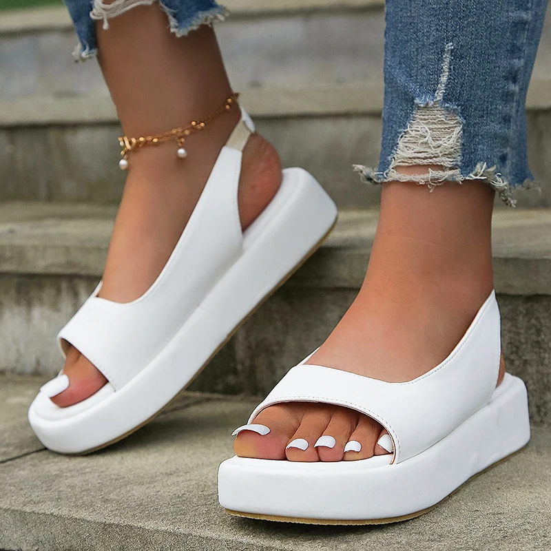 

White PU Leather Platform Sandals Women Casual Back Strap Flat Sandals Woman 2023 Summer Open Toe Non Slip Beach Shoes Plus Size