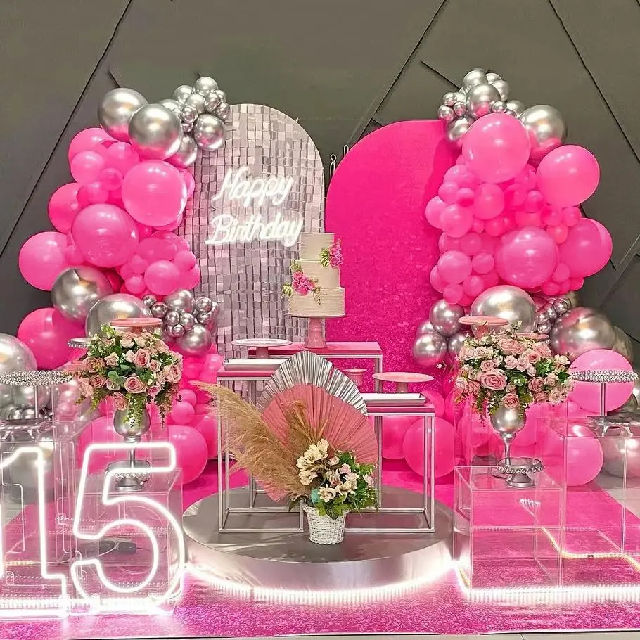 132 Pieces Rose Pink Silver 4D Foil Balloon Garland Arch Set, Girls Birthday Baby Shower Wedding Bachelorette Party Decoration
