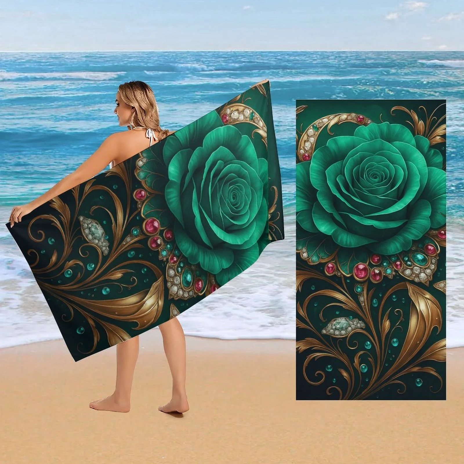 erald Green Rose Beach Towel, Gold Baroque & Jewel Print, Luxury Art Design, Quick Dry Microfiber, Sand Free, Summer