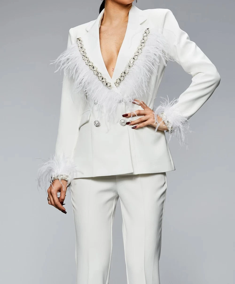 Женский костюм, вечерние платья, элегантные аппликации из бисера, куртка с перьями, пальто и брюки для женщин, костюмы из двух предметов по индивидуальному заказу
