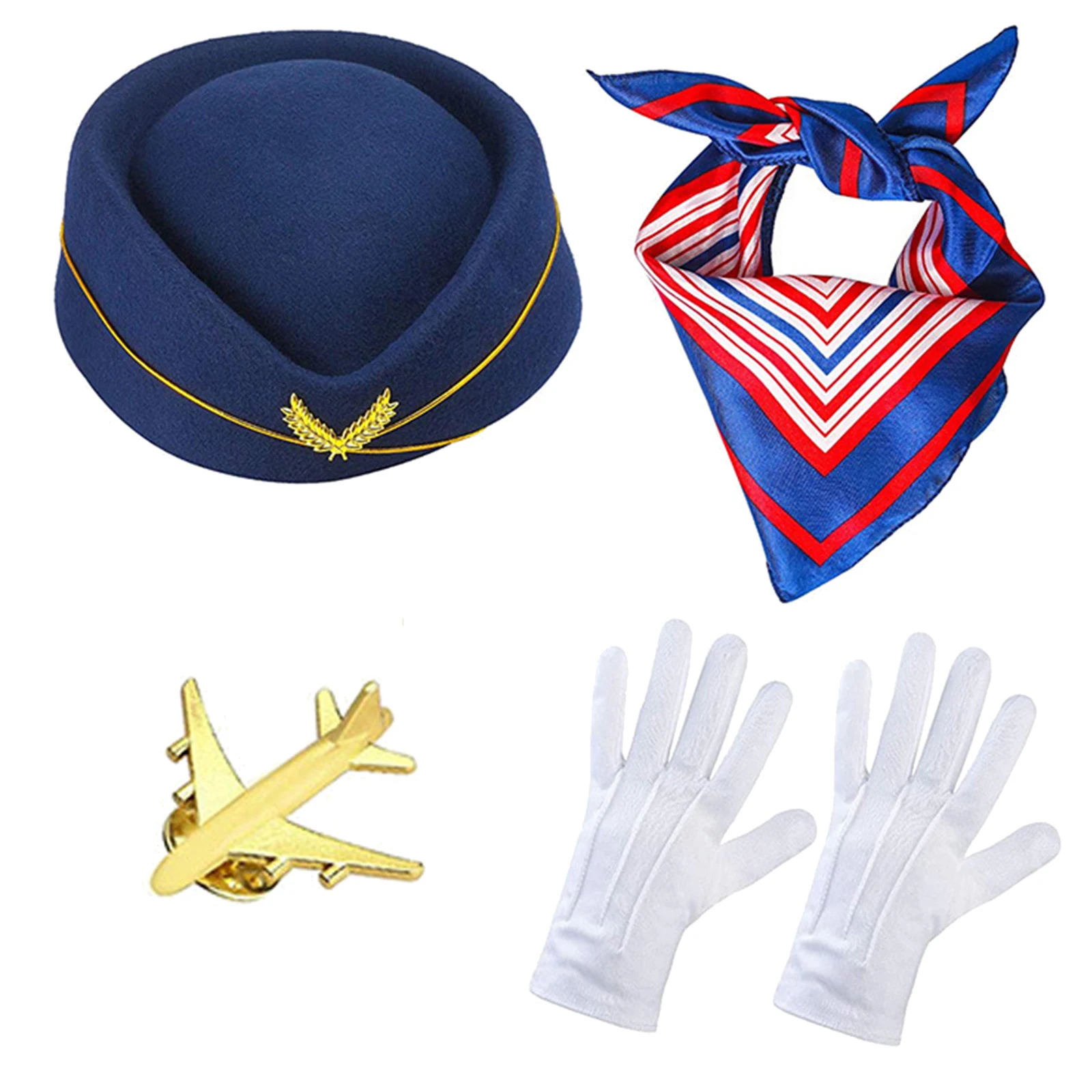 Women Halloween Stewardess Flight Attendant Cosplay Costume Accessories Air Hostess Hat Scarves Sunglass Gloves Airplane Brooch