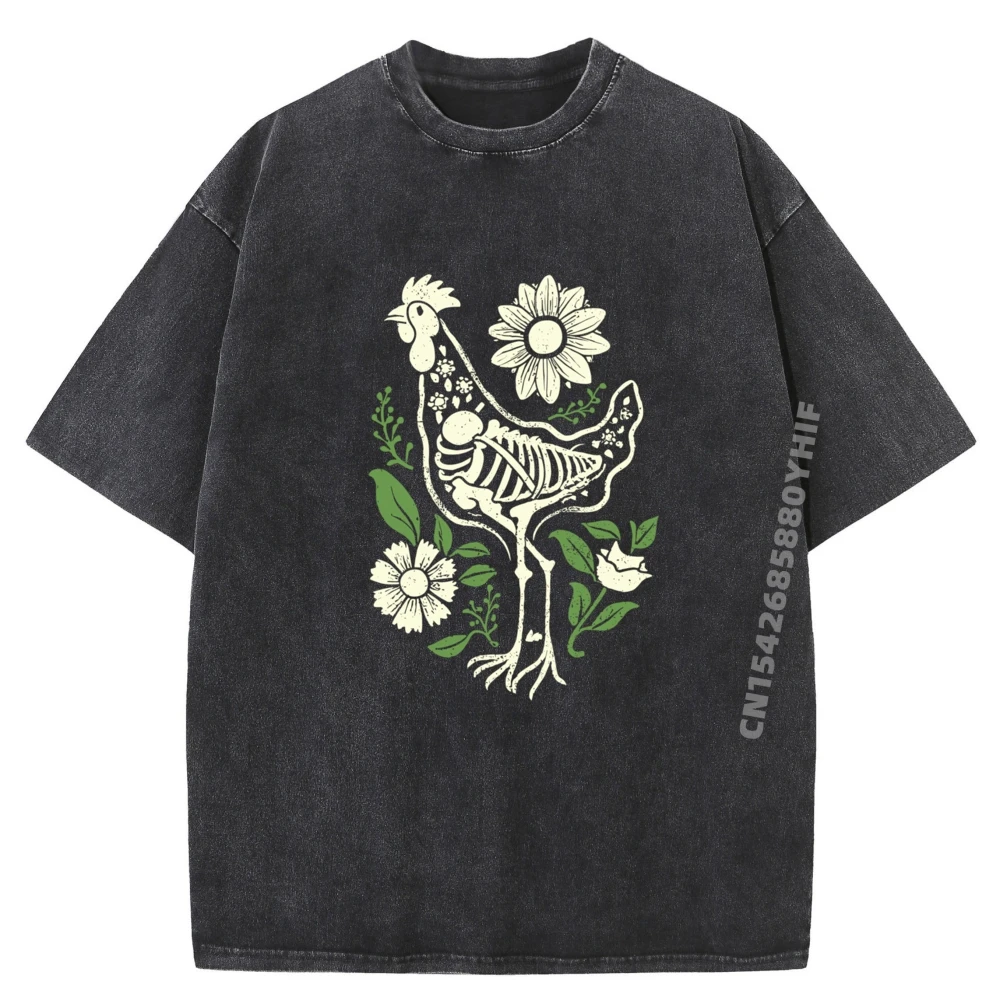 

Floral Skeleton Farm Eggs Farmer Hen Chicken Flower Animal Funny Shirt Mens Classic Washed Camiseta Masculina Father's Day