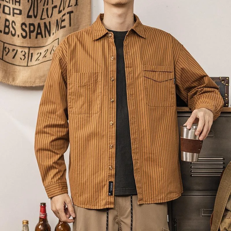 Осень и весна, новая модная тенденция, американская винтажная полосатая рубашка, мужская повседневная свободная спортивная рубашка больших размеров с длинным рукавом M-3XL