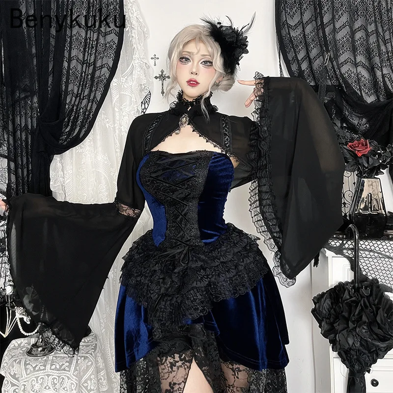 Gotycki Vintage Smock Shrug Damski Dark Grunge Emo Ace Patchwork Bolero z Rozszerzanymi Rękawami Szal Gotyckie Ubrania Y2k Crop Top Damski Płaszcz