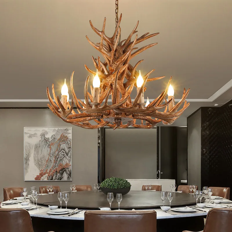 AmericanStyle Vintage Chandelier Resin Deer Horn Antler Ceiling Light Pendant Lamp for Restaurant Bedroom Living Room Home Decor