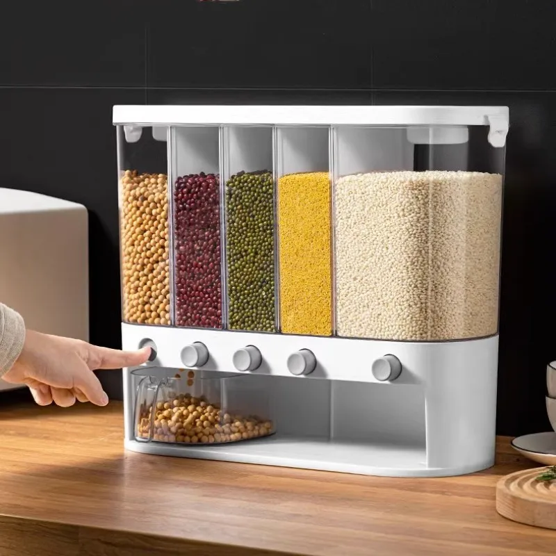 

Wall Mounted Rice Storage Box Cereal Dispenser Grains Bucket Classified Sealed Moisture Proof Tank Kitchen Organizer Container