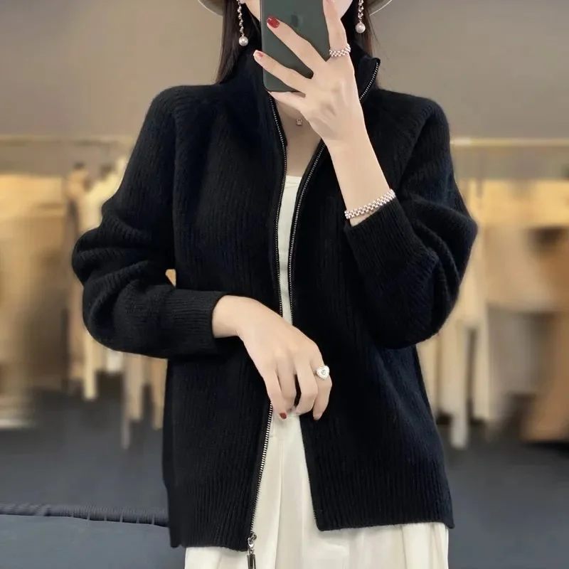 2024 New 100% Pure Wool Zipper Cardigan Padded Shoulder Stand Collar Women\'s Long Sleeve Cashmere Knitted Coat Lapel Sweater