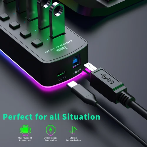 Imagen 2 del producto Hub USB 3,0 de 7 puertos, adaptador divisor USB de alta velocidad de 5Gbps, interruptor de encendido/apagado Individual para PC, accesorios de ordenador, concentrador USB SSD RGB