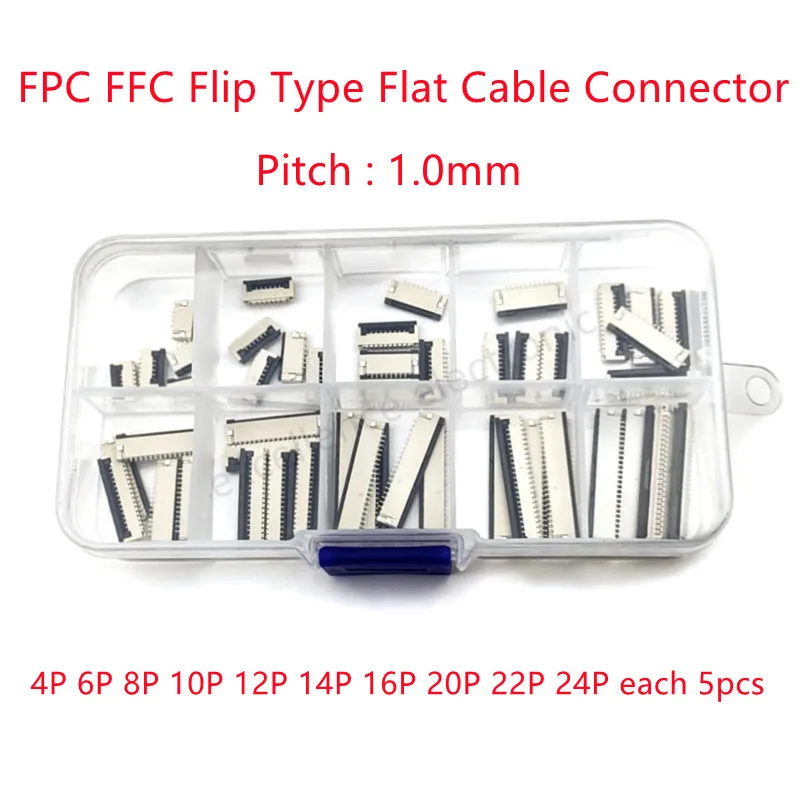 

50pcs/boxed 4P 6P 8P 10P 12P 14P 16P 20P 22P 24P 1.0mm Pitch Flip Type Under Clamshell Socket FPC FFC Flat Cable Connector Kits