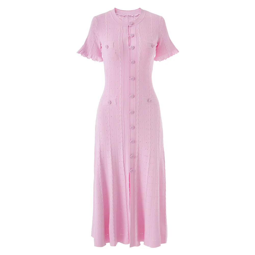 Zomerse elegante dames gebreide enkelknoops lange jurken, effen, korte mouwen, O-hals, knoop, bodycon, feestjurk, damesjurken