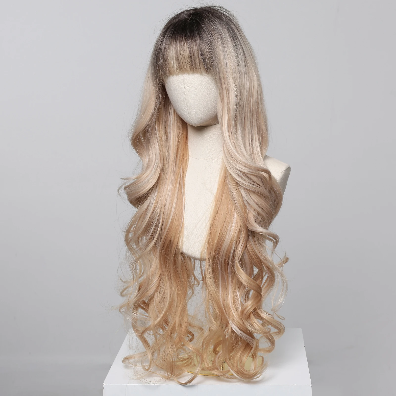 HENRY MARGU Ombre Blonde Synthetic Wig Long Wavy Wig with Bangs Highlight Mixed Blonde Hair Natural Looking Heat Resistant Fiber