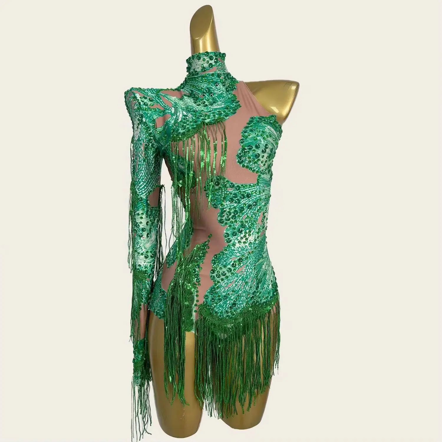 Ladies Latin Dance Team Sexy Tassel Crystal Bodysuit Dancer High Cut Thong One Piece Leotard Performance Wear Party Outfit Duxiu
