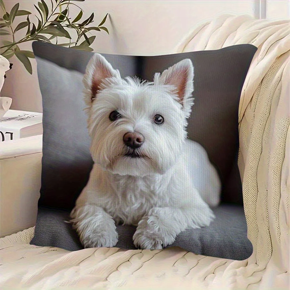 West Highland White Terrier Decorative Pillowcase, Playful Dog Pattern Cushion Cover for Sofa Home Room Decor