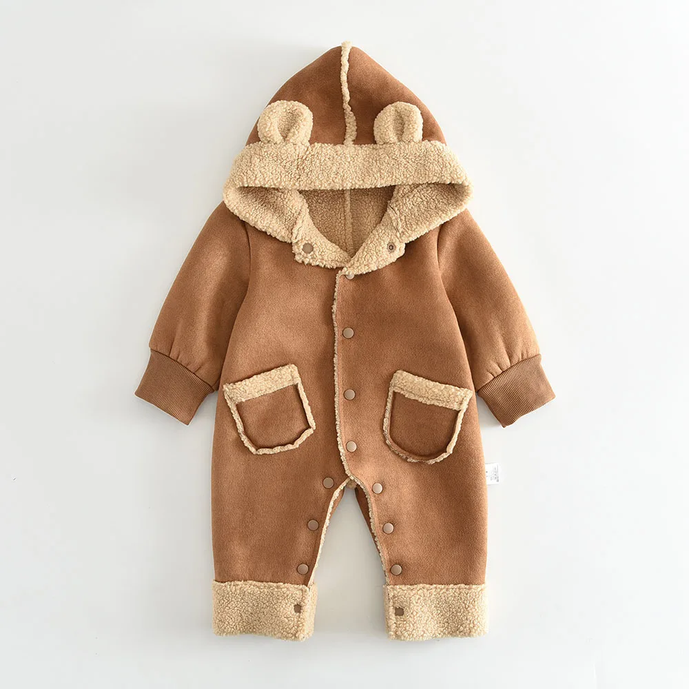 YBFSKID Baby Girl Jumpsuit Winter Suede Toddler Kids Girl Romper Fleece Hooded Pockets 0-3Yrs Girl Bodysuit Little Girl Overalls