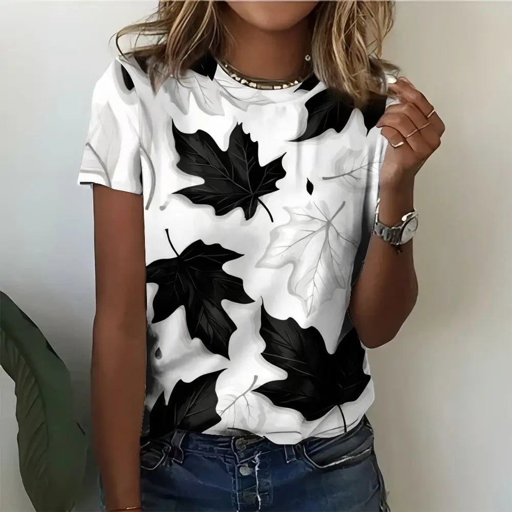 Maple Leaf T-Shirts Floral Abstract Face 3D Print Women Round Neck Short Sleeve T Shirt Tees Harajuku Y2K Tops Female Clothing