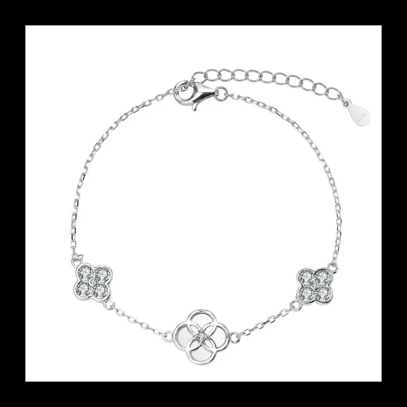 S925 الفضة جديد بسيط هندسي أربع أوراق البرسيم سوار ضوء الفاخرة مزاجه رائعة الأم قذيفة الزركون مجوهرات هدية #5