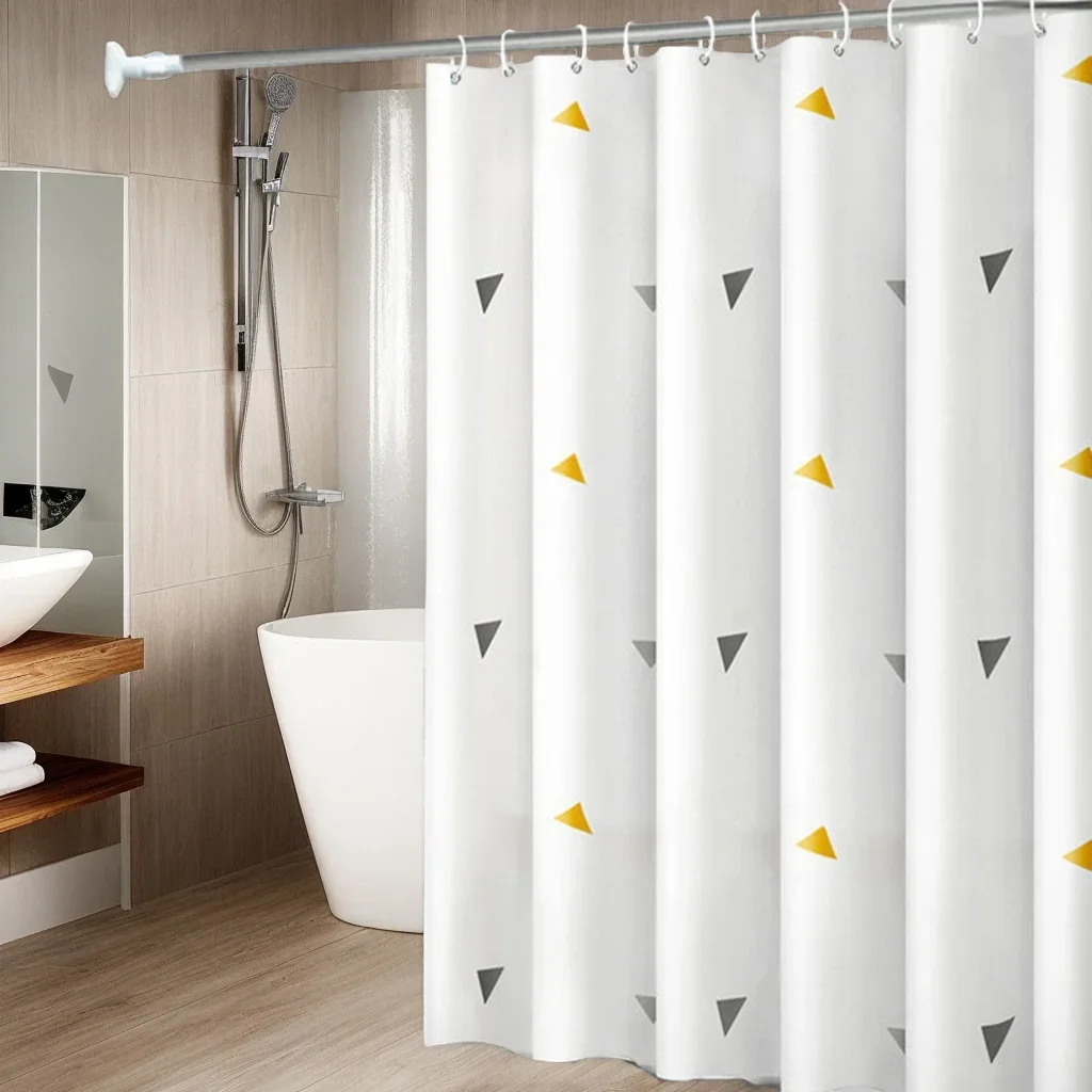 

Shower Curtains Yellow Triangle Pattern Modern Style Waterproof White Bathroom Curtain PEVA Fabric with Hooks 200cm Simple