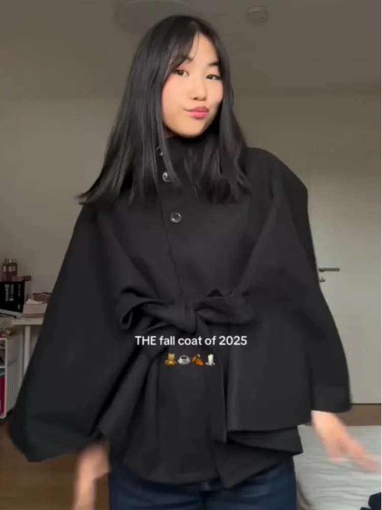 

2025 Solid Belt Lace Up Jackets Full Flare Sleeve Stand Collar Single Breasted Woolen Coat For Women New Autumn Street Overcoats