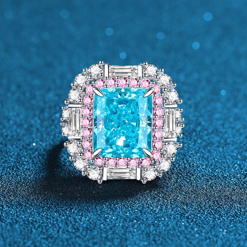 

Luxury Solid Platinum PT950 Women's Candy Series Open Ring Blue 8 karat Ice Flower Cut Moissanite Diamond Ring