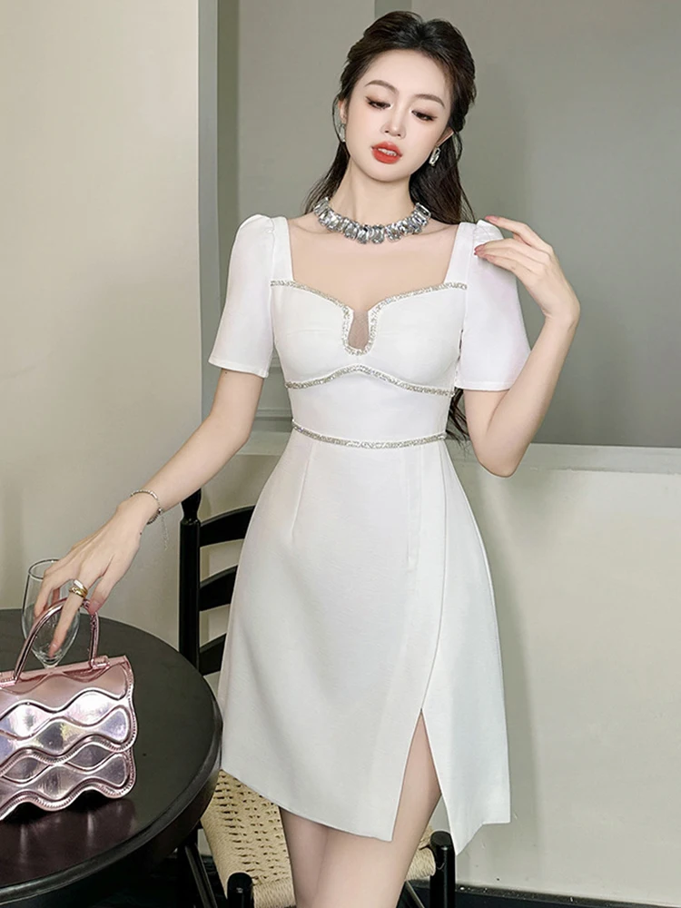 New Elegant Luxury Lady Evening Dress Women Clothes Chic Vintage Sexy Short Sleeve Slim Slit Short Party Club Birthday Vestidos