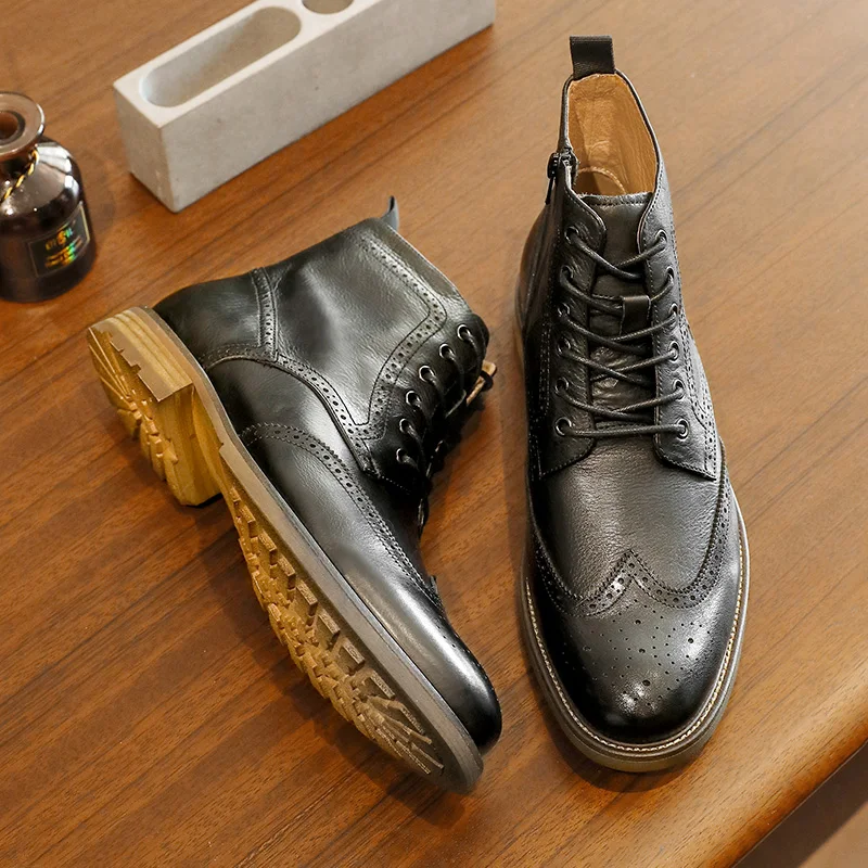 

Men's New Brogue Genuine Leather Boots Fleece-lined Shoes Fashion Boots,Warm,Large Size, Casual, Lace-up, Zipper,Gifts