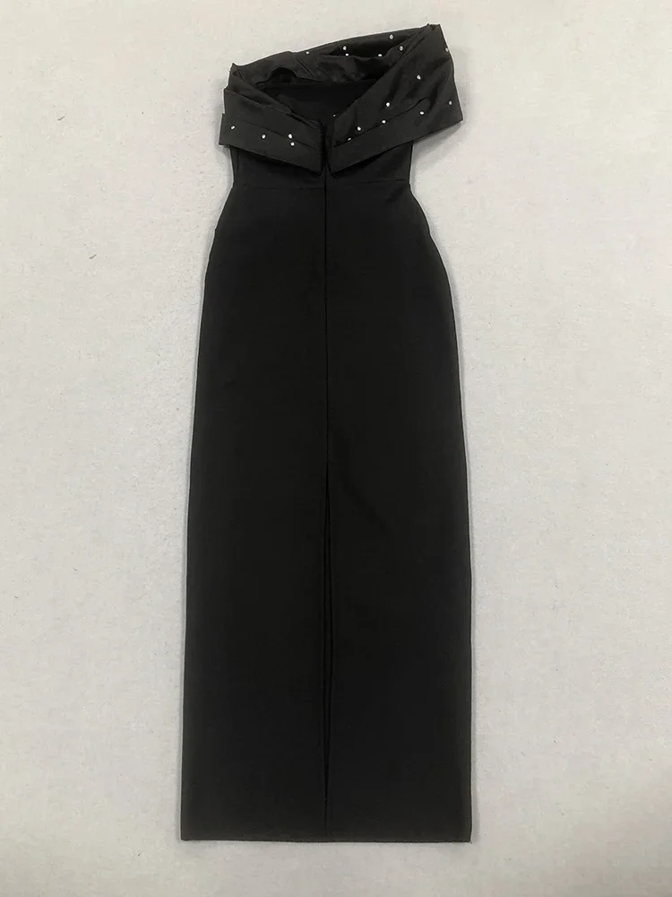Sexy une épaule perlée plis robe de pansement femmes noir sans bretelles plissé perle longue robes moulantes robes de soirée
