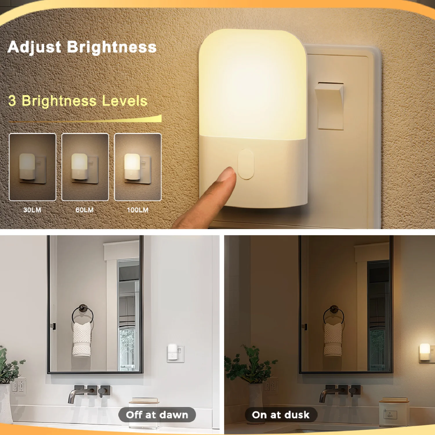

Night Light Plug in Wall with Dusk to Dawn Photocell Sensor, Night Light Kids 2700K Warm White, Dimmable Nightlight