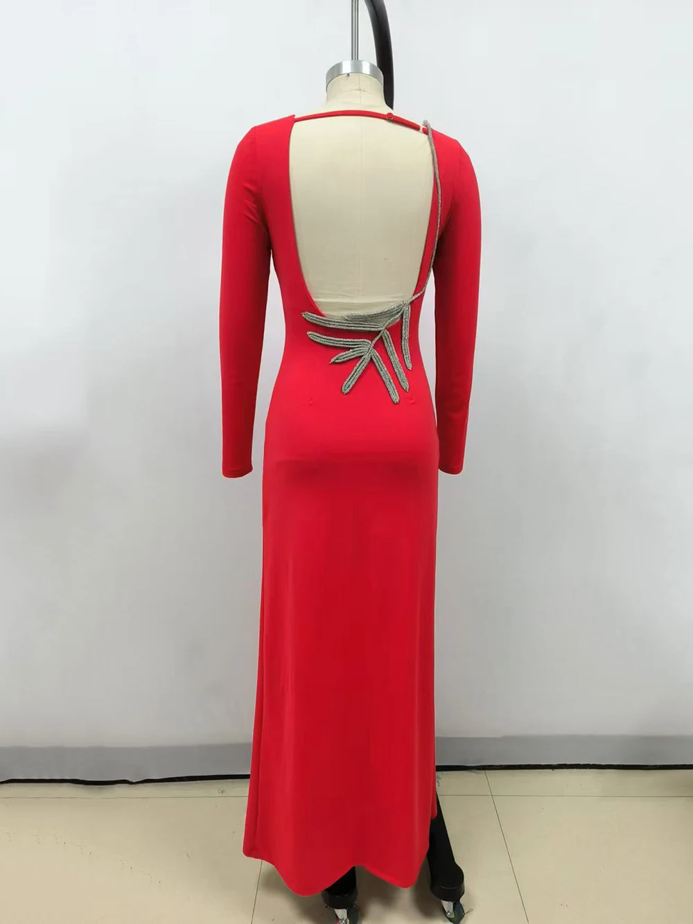 Modphy Elegant Backless Diamond leaf design Maxi Dress Ladies Sexy Bodycon Long Sleeve Club Party Outfits Fashion Dresses